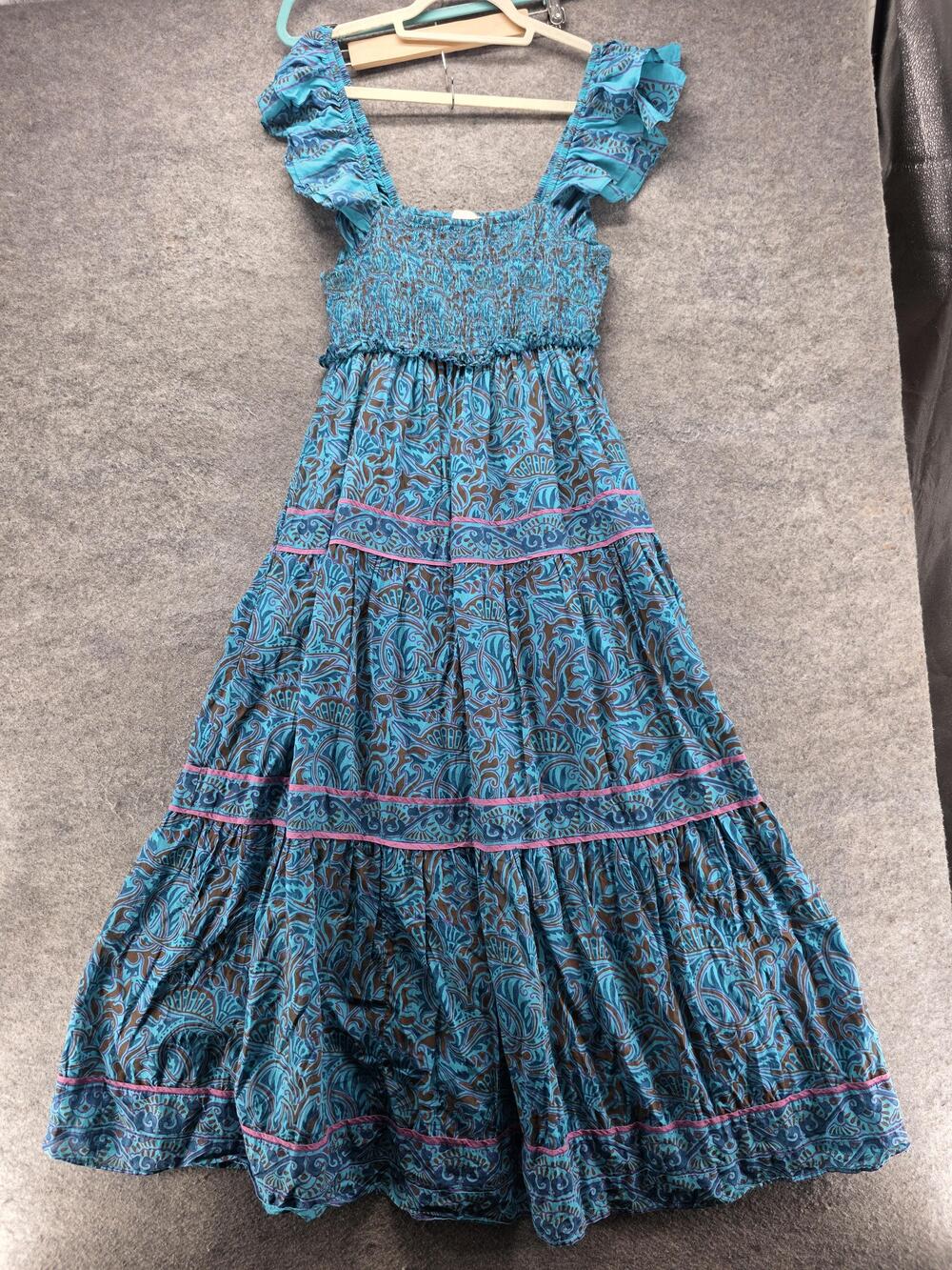 Cleobella Dress Womens L Blue Maxi Sundress Smocked Ruffle Boho Paisley